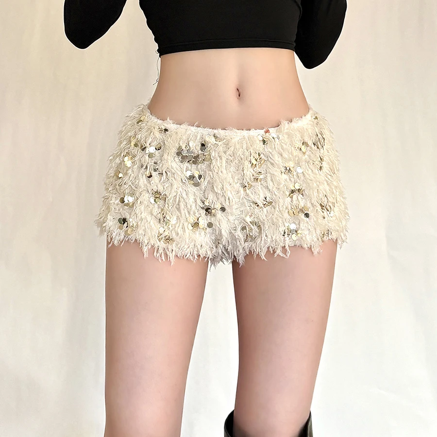 SylCue Furry Tassel Mini Shorts Woman 2026 New Style Sequin Patchwork Elastic Waist Sweet Girls Street Fashion Elegant Bottoms