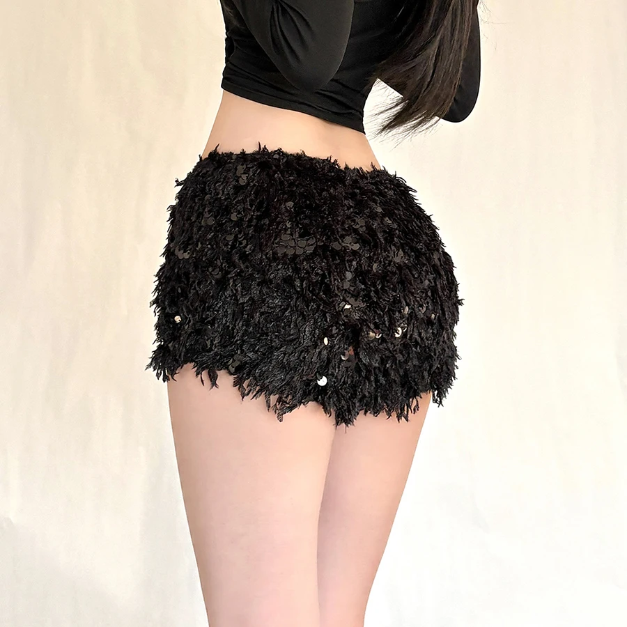 SylCue Furry Tassel Mini Shorts Woman 2026 New Style Sequin Patchwork Elastic Waist Sweet Girls Street Fashion Elegant Bottoms