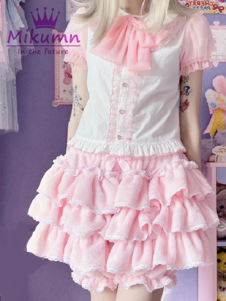 Harajuku Y2k Sweet Pink White Pumpkin Pants Lolita Autumn Winter JK Plush Shorts Japanese Kawaii Ruffles Lantern Shorts