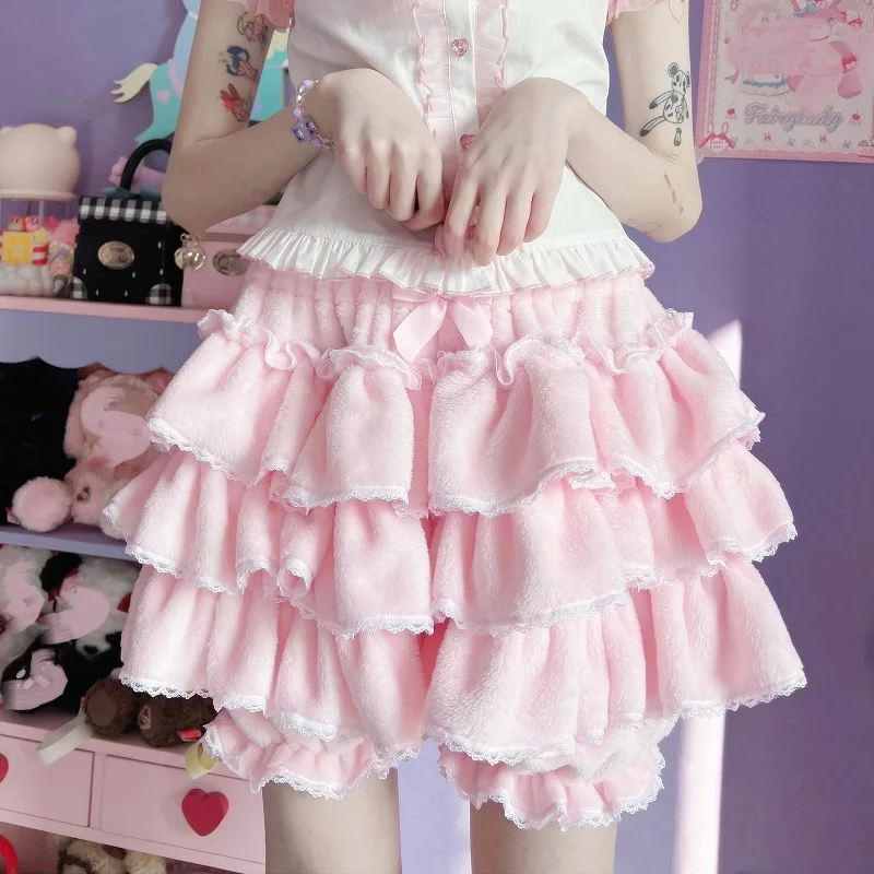 Harajuku Y2k Sweet Pink White Pumpkin Pants Lolita Autumn Winter JK Plush Shorts Japanese Kawaii Ruffles Lantern Shorts