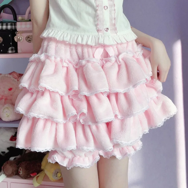 Harajuku Y2k Sweet Pink White Pumpkin Pants Lolita Autumn Winter JK Plush Shorts Japanese Kawaii Ruffles Lantern Shorts