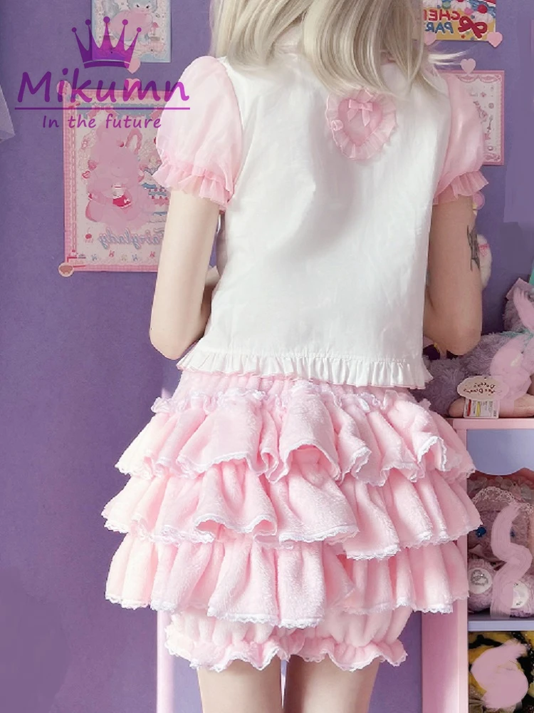 Harajuku Y2k Sweet Pink White Pumpkin Pants Lolita Autumn Winter JK Plush Shorts Japanese Kawaii Ruffles Lantern Shorts