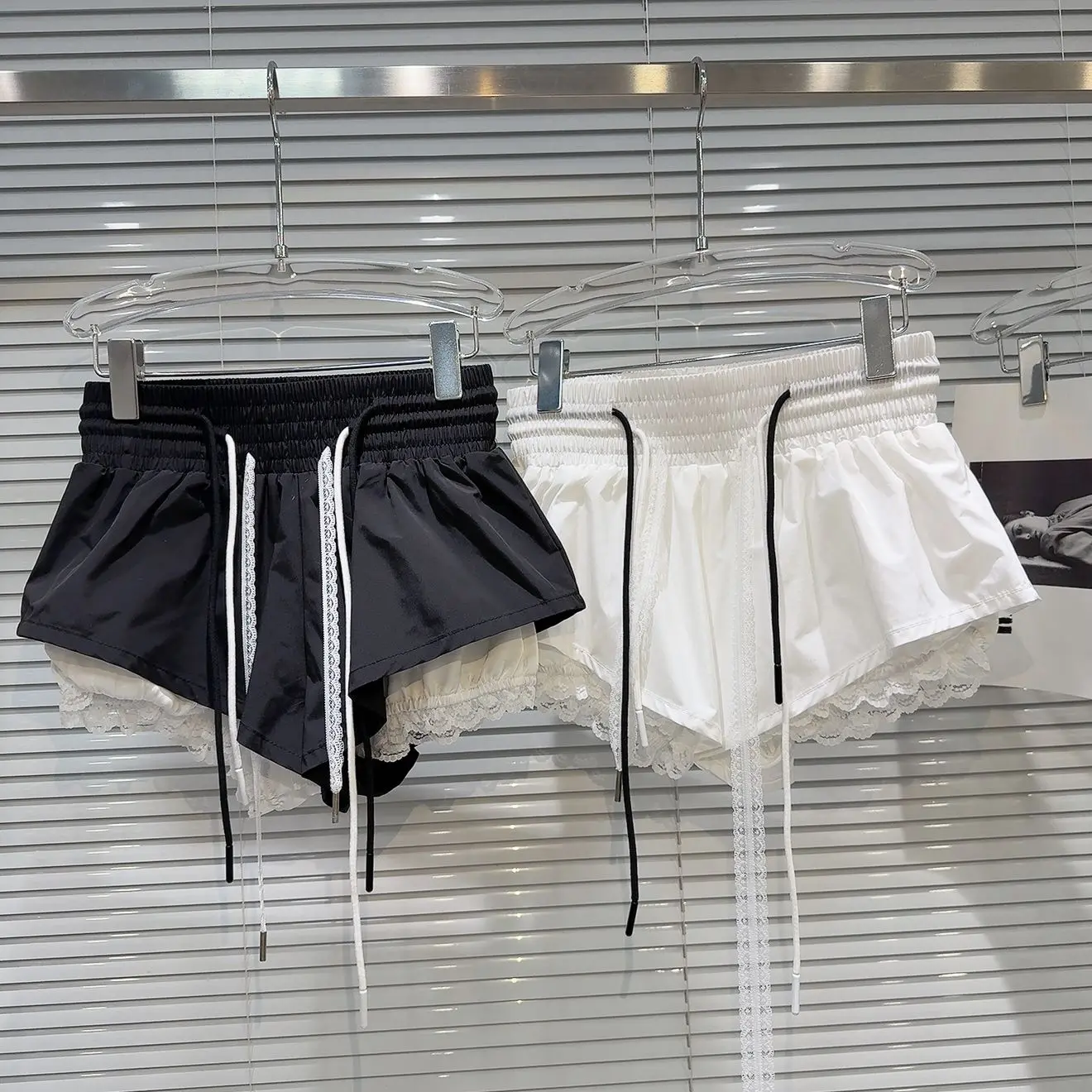 New Bottoms Korean Shorts Women High Waist Casual Patchwork Lace Wide Leg Shorts Bandage Chic Summer Pantalones Cortos De Mujer