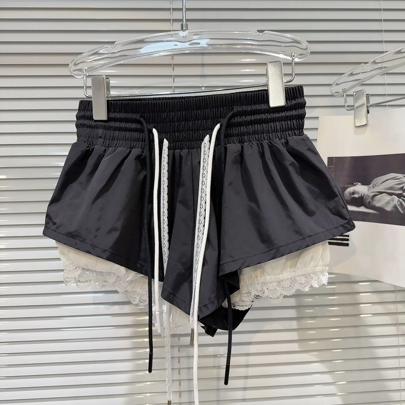 New Bottoms Korean Shorts Women High Waist Casual Patchwork Lace Wide Leg Shorts Bandage Chic Summer Pantalones Cortos De Mujer