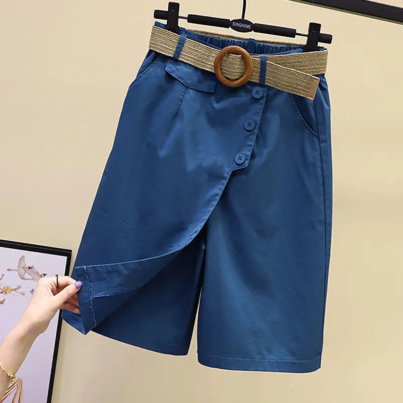 Pants Skirt for Women Shorts Summer Wide Leg Blue High Waist Straight-legged Pockets Woman Short Black Korean Fashion Culotte