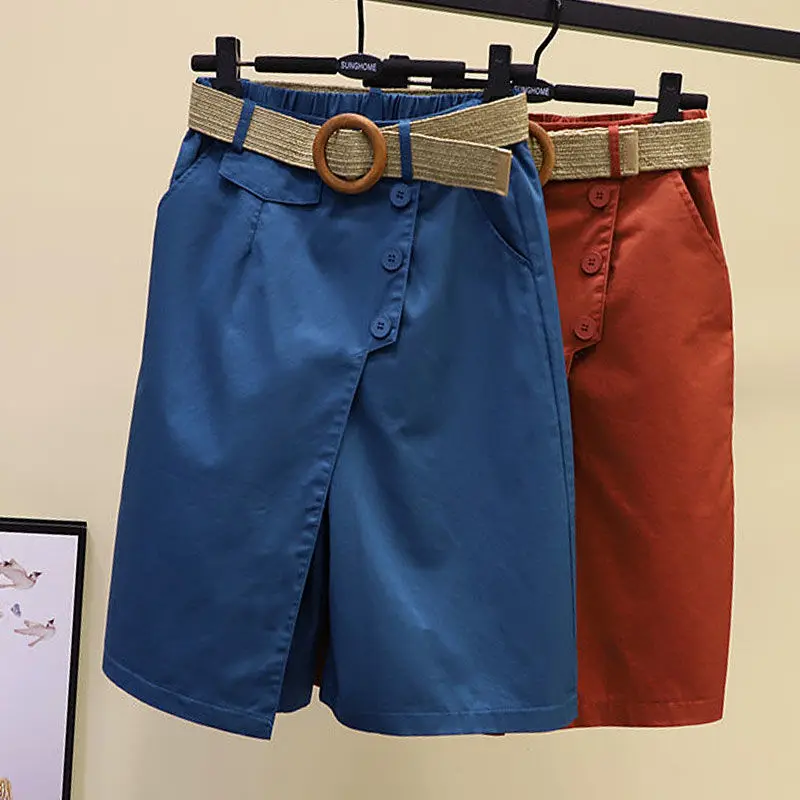 Pants Skirt for Women Shorts Summer Wide Leg Blue High Waist Straight-legged Pockets Woman Short Black Korean Fashion Culotte