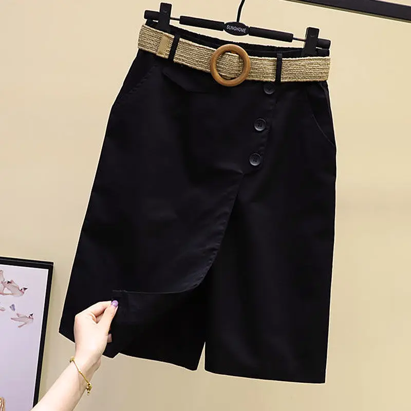 Pants Skirt for Women Shorts Summer Wide Leg Blue High Waist Straight-legged Pockets Woman Short Black Korean Fashion Culotte