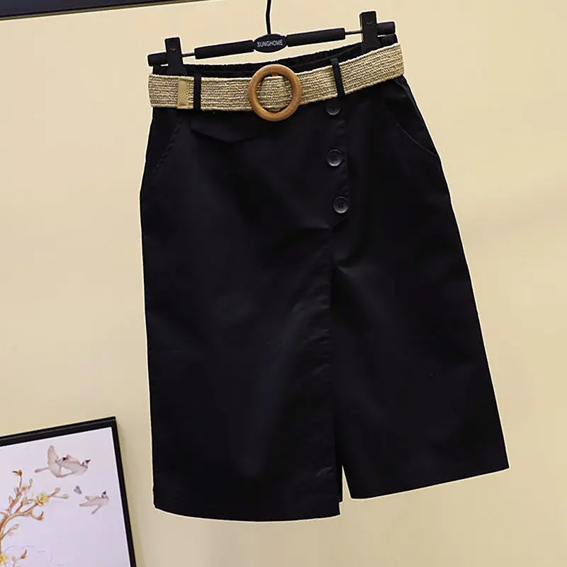 Pants Skirt for Women Shorts Summer Wide Leg Blue High Waist Straight-legged Pockets Woman Short Black Korean Fashion Culotte