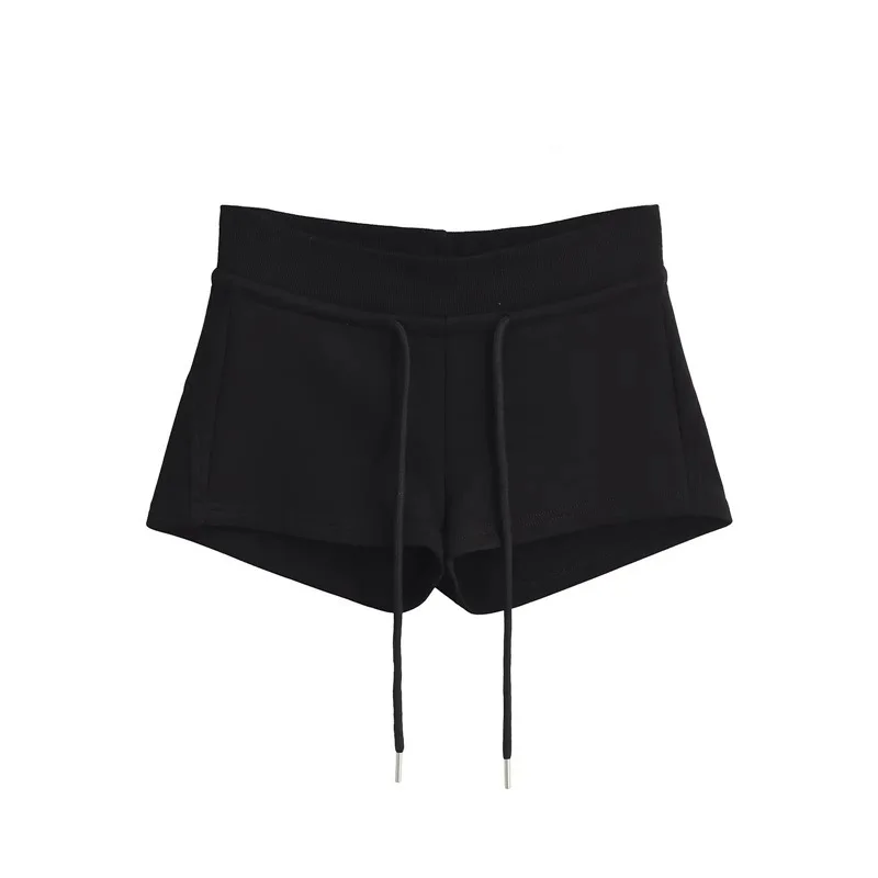 Black Mini Shorts For Woman Summer Clothes 2024 Low Rise Shorts Knitted Korean Fashion Shorts Low Waist Buttoms With Drawstrings