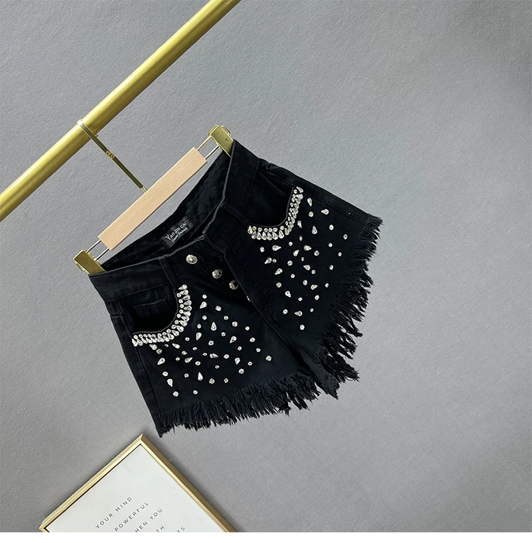 Diamond-Embedded Denim Shorts Women's Fashionable 2026 New Summer High Waist Loose Slimming Raw Hem Wide Legs Short Hot Pants