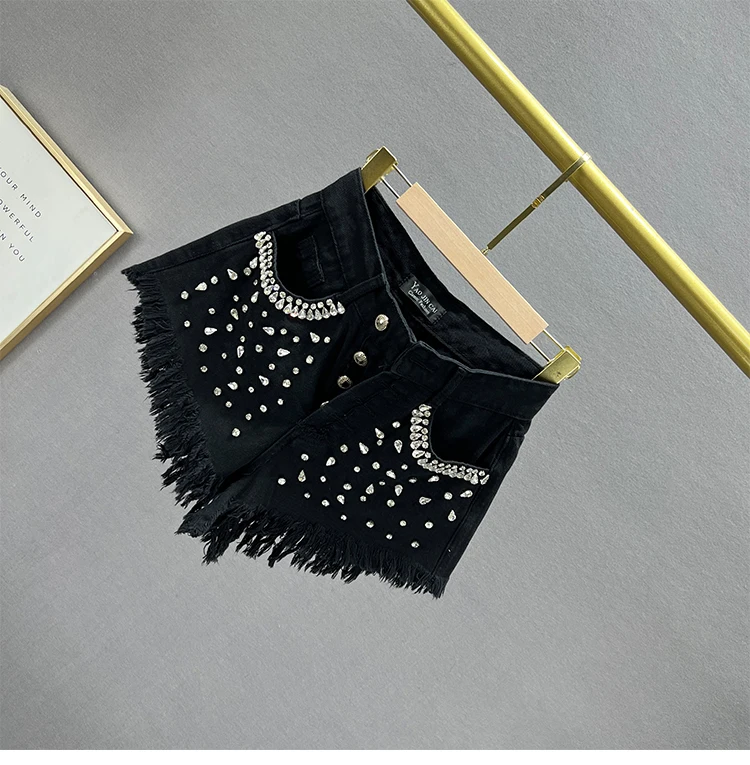 Diamond-Embedded Denim Shorts Women's Fashionable 2026 New Summer High Waist Loose Slimming Raw Hem Wide Legs Short Hot Pants