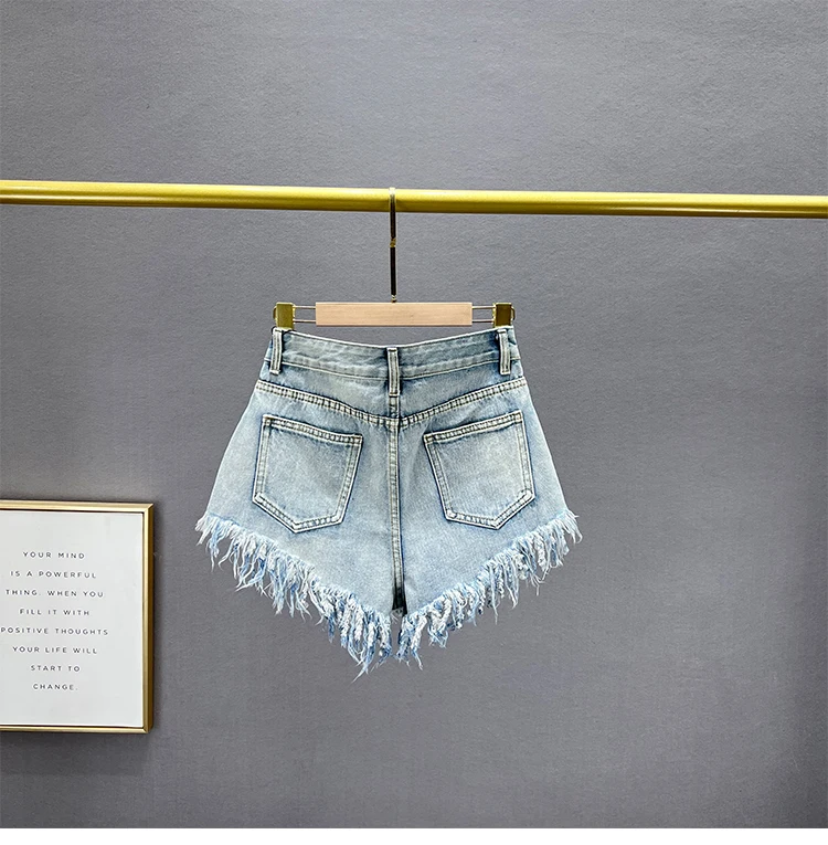 Diamond-Embedded Denim Shorts Women's Fashionable 2026 New Summer High Waist Loose Slimming Raw Hem Wide Legs Short Hot Pants