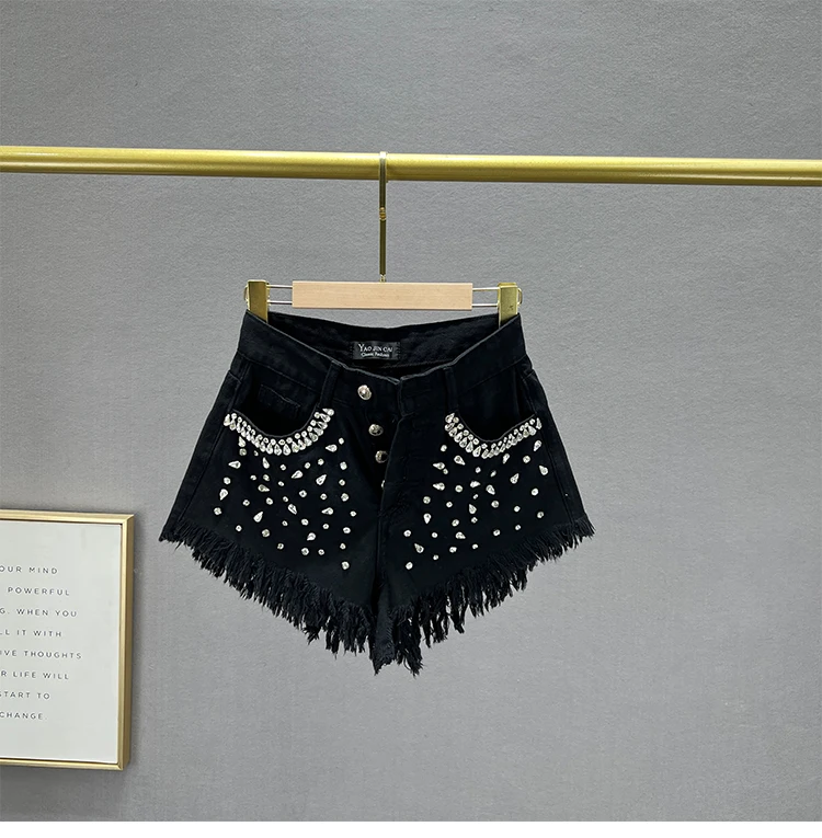 Diamond-Embedded Denim Shorts Women's Fashionable 2026 New Summer High Waist Loose Slimming Raw Hem Wide Legs Short Hot Pants