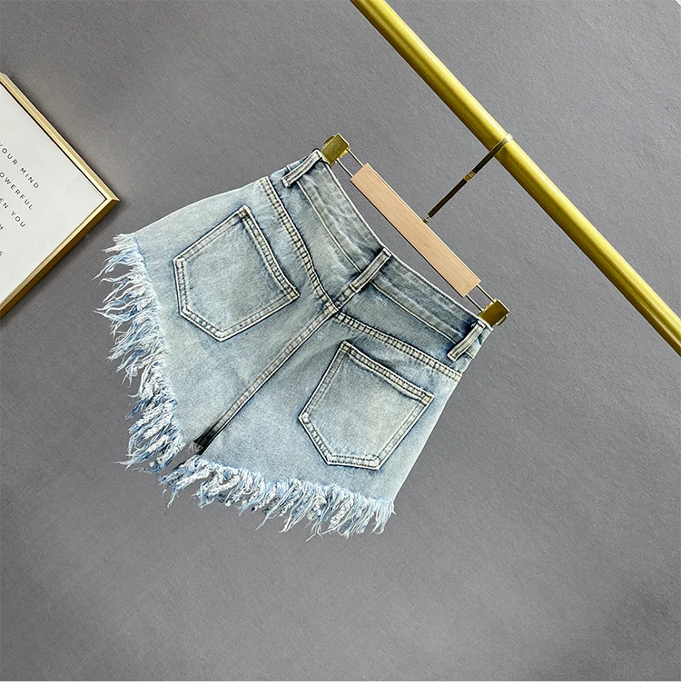 Diamond-Embedded Denim Shorts Women's Fashionable 2026 New Summer High Waist Loose Slimming Raw Hem Wide Legs Short Hot Pants
