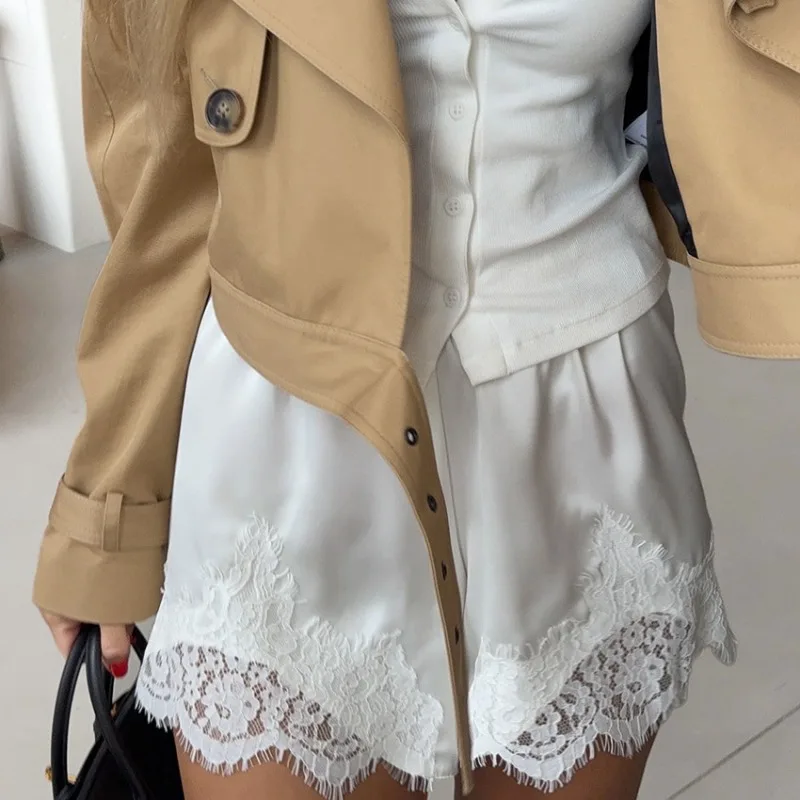 Trendix High Waist Satin Shorts Women's Summer Loose Casual Party Short Pants 2026 Holiday Solid Patchwork Lace Shorts Femme