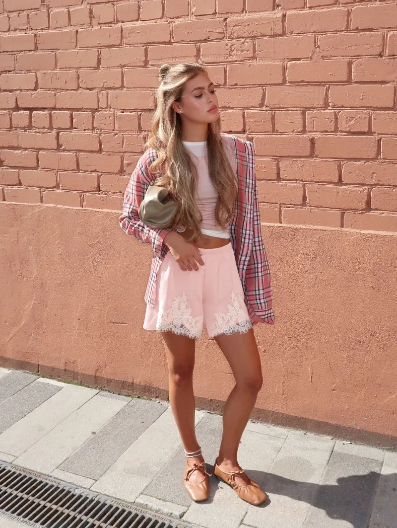 Trendix High Waist Satin Shorts Women's Summer Loose Casual Party Short Pants 2026 Holiday Solid Patchwork Lace Shorts Femme
