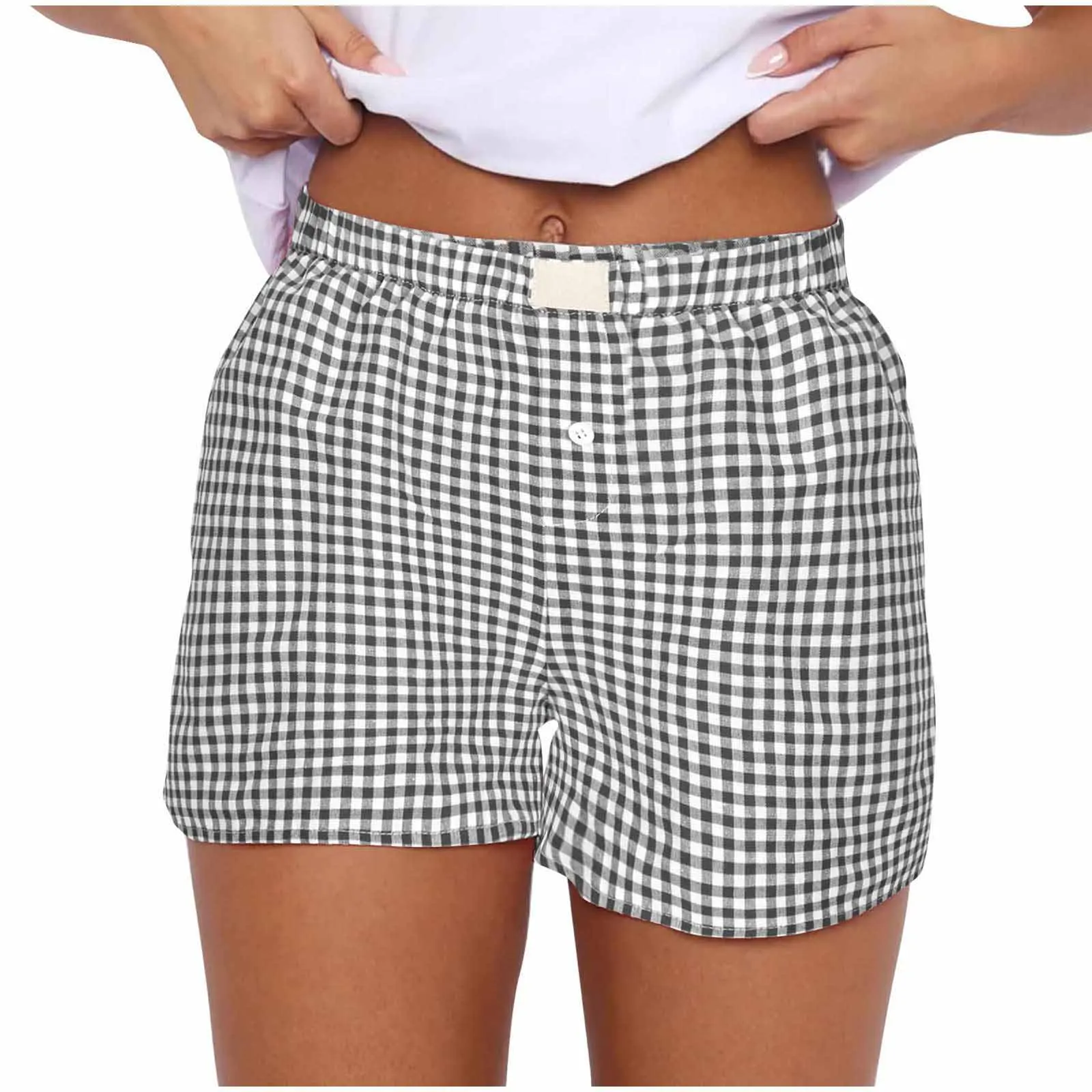 Women's Shorts, Teenage Girls' Elastic Waistband, Checkered Shorts, Casual Summer Shorts, Comfortable High Waisted Loose Shorts