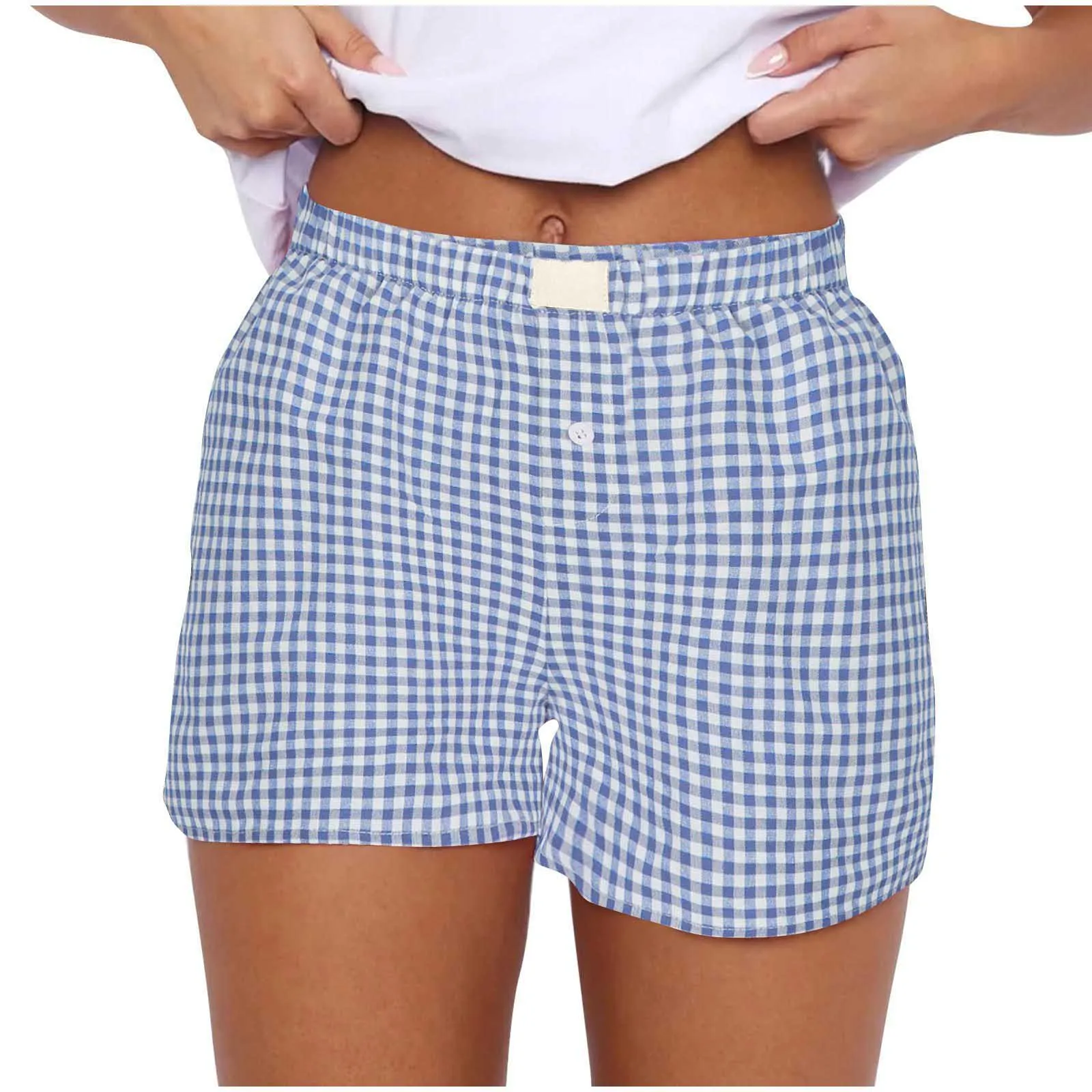Women's Shorts, Teenage Girls' Elastic Waistband, Checkered Shorts, Casual Summer Shorts, Comfortable High Waisted Loose Shorts