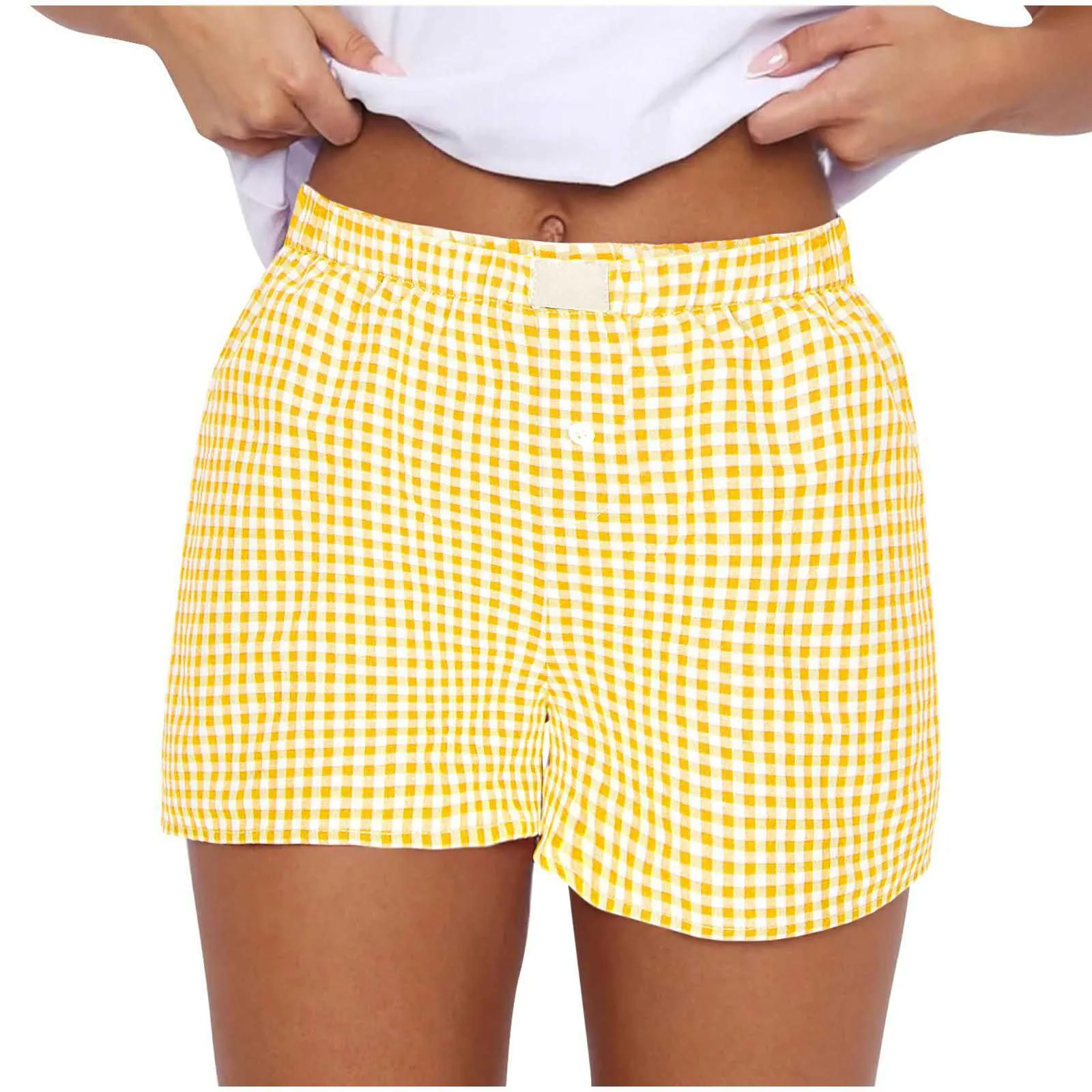 Women's Shorts, Teenage Girls' Elastic Waistband, Checkered Shorts, Casual Summer Shorts, Comfortable High Waisted Loose Shorts