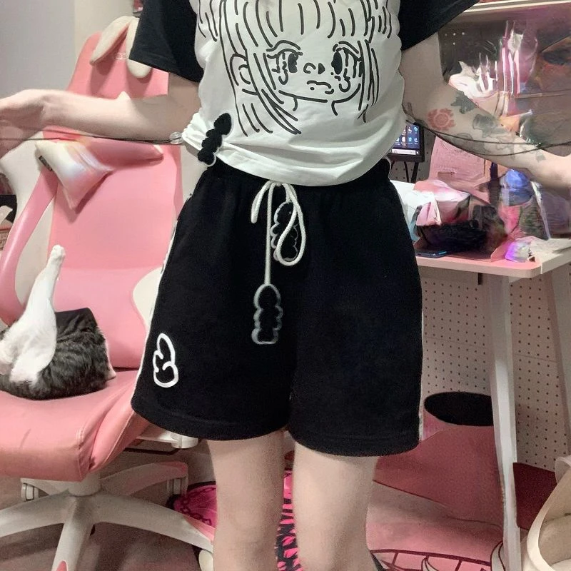 Japanese Patchwork Summer Shorts for Women Harajuku Casual Pantalones Cortos De Mujer Cute Bandage Short Mujer Wide Leg Pants