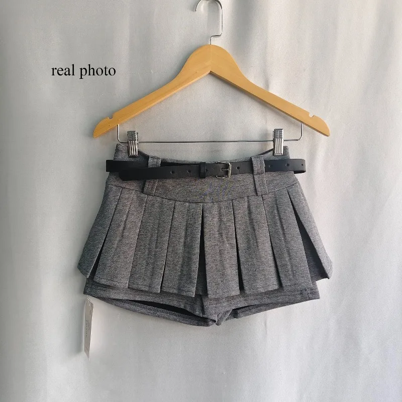Kimotimo Womens Shorts Autumn Winter Belt High Waist Fluffy Pleated A-line Short Pants Korean Fashion Sexy Y2k All Match Clothes