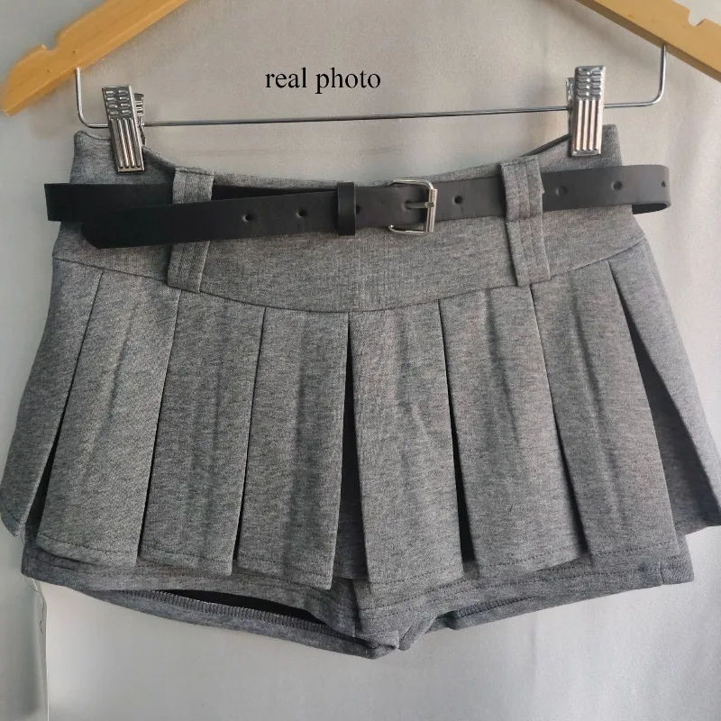Kimotimo Womens Shorts Autumn Winter Belt High Waist Fluffy Pleated A-line Short Pants Korean Fashion Sexy Y2k All Match Clothes