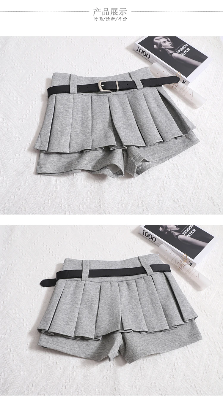 Kimotimo Womens Shorts Autumn Winter Belt High Waist Fluffy Pleated A-line Short Pants Korean Fashion Sexy Y2k All Match Clothes