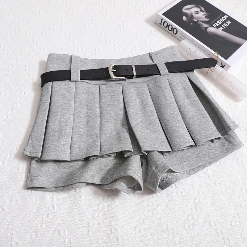 Kimotimo Womens Shorts Autumn Winter Belt High Waist Fluffy Pleated A-line Short Pants Korean Fashion Sexy Y2k All Match Clothes