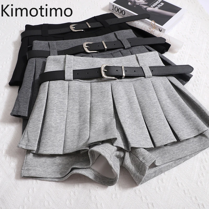 Kimotimo Womens Shorts Autumn Winter Belt High Waist Fluffy Pleated A-line Short Pants Korean Fashion Sexy Y2k All Match Clothes