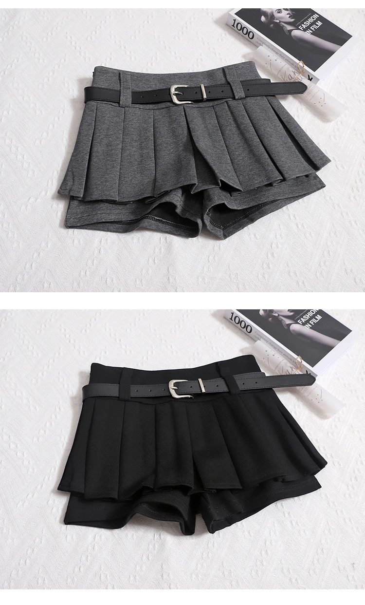 Kimotimo Womens Shorts Autumn Winter Belt High Waist Fluffy Pleated A-line Short Pants Korean Fashion Sexy Y2k All Match Clothes