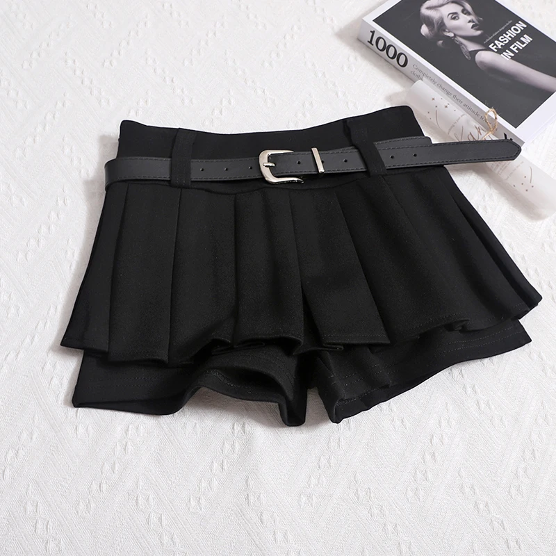 Kimotimo Womens Shorts Autumn Winter Belt High Waist Fluffy Pleated A-line Short Pants Korean Fashion Sexy Y2k All Match Clothes