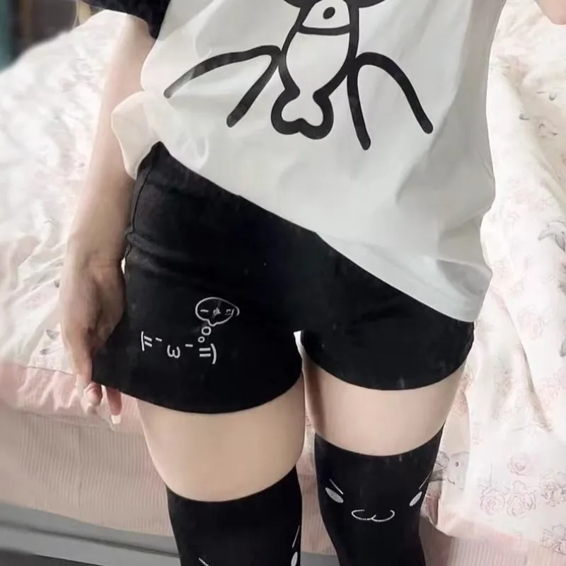 Cotton Shorts for Women Black Summer Pantalones Cortos De Mujer Print Japanese Fashion Casual Cute Pants 2025 New Bottoms 27x232
