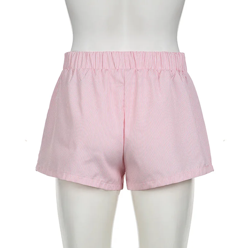 Women's Striped Print Casual Elastic Waist Shorts Y2K Loose Fit Summer Streetwear Chic Basic Fashion Button Detail