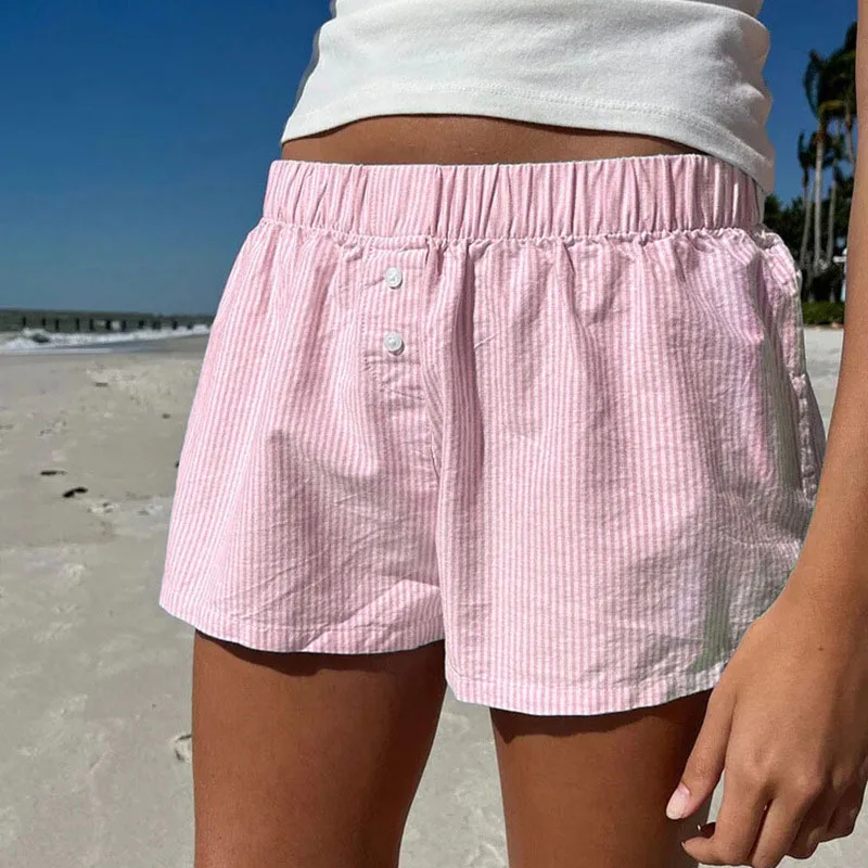 Women's Striped Print Casual Elastic Waist Shorts Y2K Loose Fit Summer Streetwear Chic Basic Fashion Button Detail