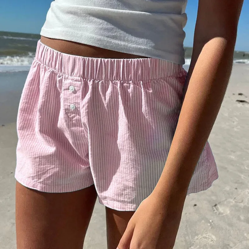 Women's Striped Print Casual Elastic Waist Shorts Y2K Loose Fit Summer Streetwear Chic Basic Fashion Button Detail