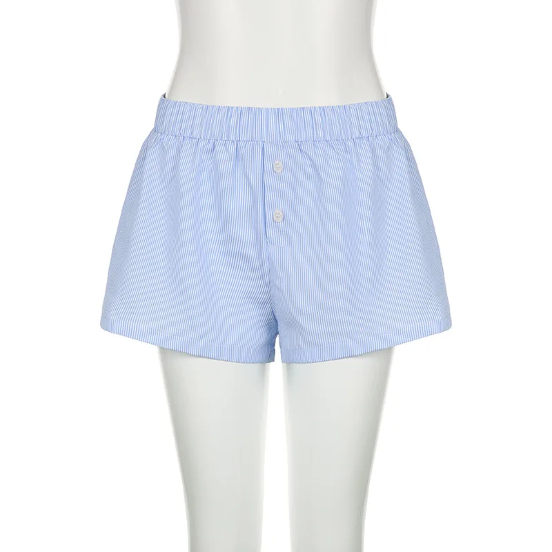 Women's Striped Print Casual Elastic Waist Shorts Y2K Loose Fit Summer Streetwear Chic Basic Fashion Button Detail