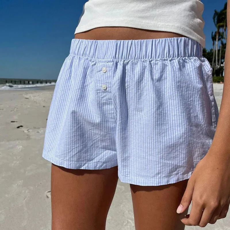 Women's Striped Print Casual Elastic Waist Shorts Y2K Loose Fit Summer Streetwear Chic Basic Fashion Button Detail