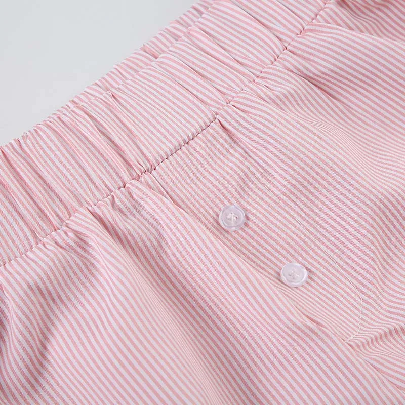 Women's Striped Print Casual Elastic Waist Shorts Y2K Loose Fit Summer Streetwear Chic Basic Fashion Button Detail