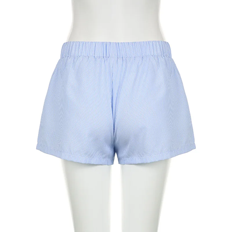 Women's Striped Print Casual Elastic Waist Shorts Y2K Loose Fit Summer Streetwear Chic Basic Fashion Button Detail