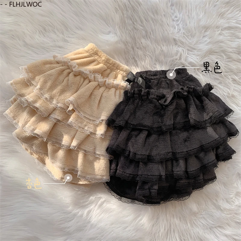 Autumn Velvet Bloomers Lolita Style Girls Cute Japan Sexy Lace Date Princess Pink Layer Puff Shorts Ruffles Lantern Small Pants