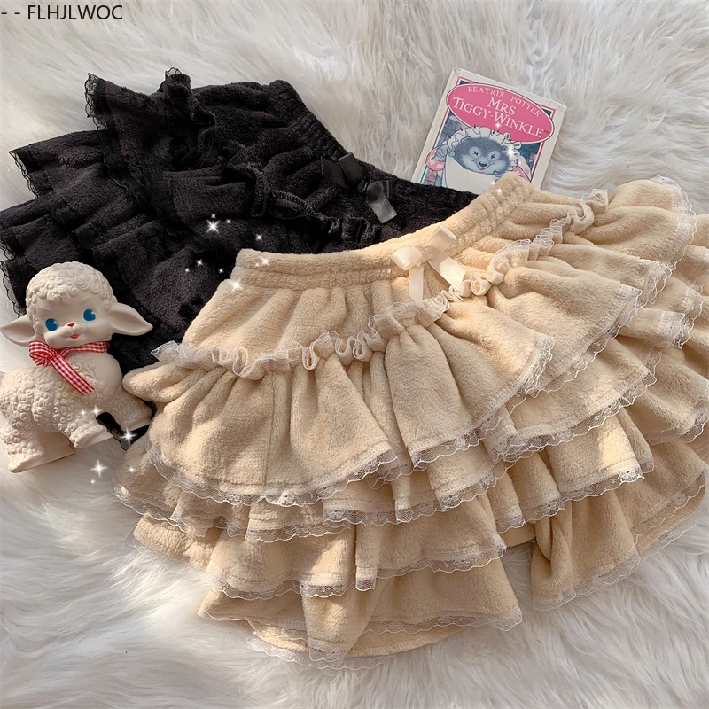 Autumn Velvet Bloomers Lolita Style Girls Cute Japan Sexy Lace Date Princess Pink Layer Puff Shorts Ruffles Lantern Small Pants
