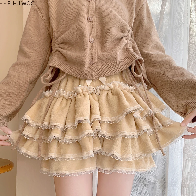 Autumn Velvet Bloomers Lolita Style Girls Cute Japan Sexy Lace Date Princess Pink Layer Puff Shorts Ruffles Lantern Small Pants