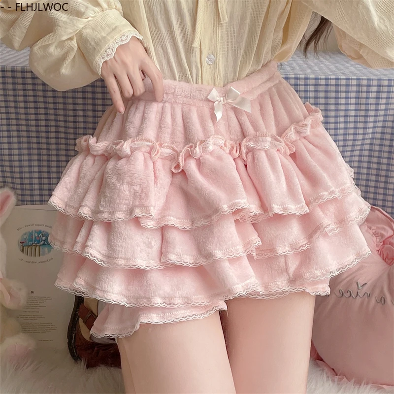 Autumn Velvet Bloomers Lolita Style Girls Cute Japan Sexy Lace Date Princess Pink Layer Puff Shorts Ruffles Lantern Small Pants