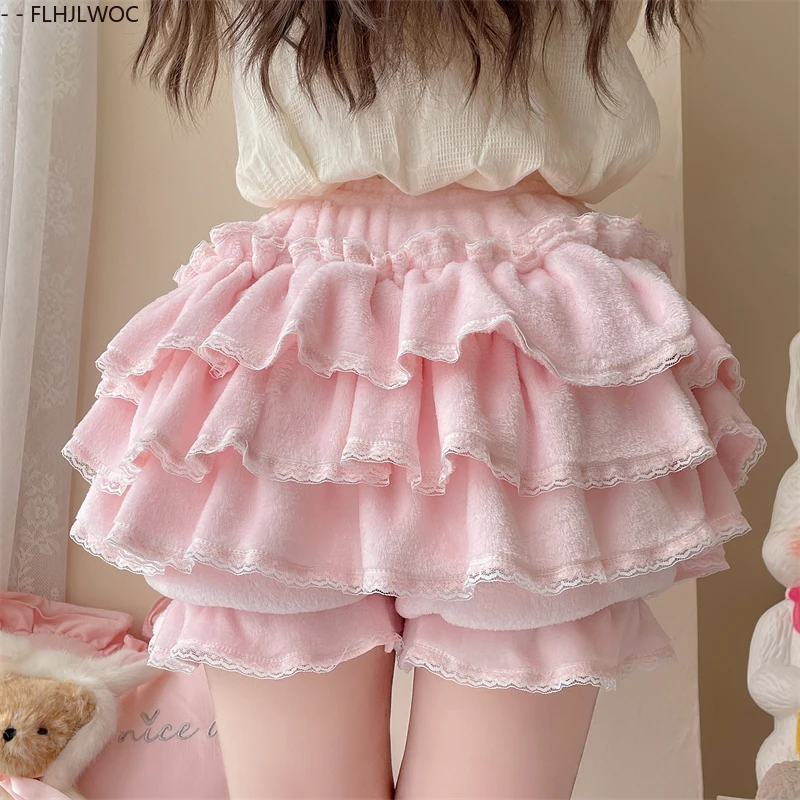 Autumn Velvet Bloomers Lolita Style Girls Cute Japan Sexy Lace Date Princess Pink Layer Puff Shorts Ruffles Lantern Small Pants