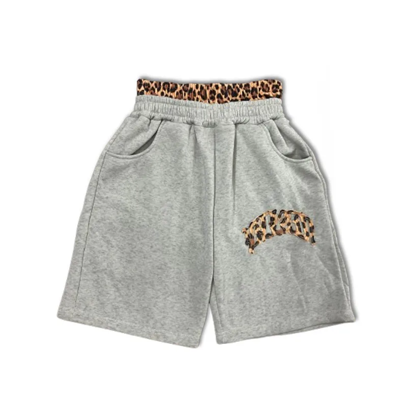 Summer American High Street Fashion Leopard Print Letter Patchwork Double Waistband Shorts Y2K HipHop Loose Straight Rock Slacks