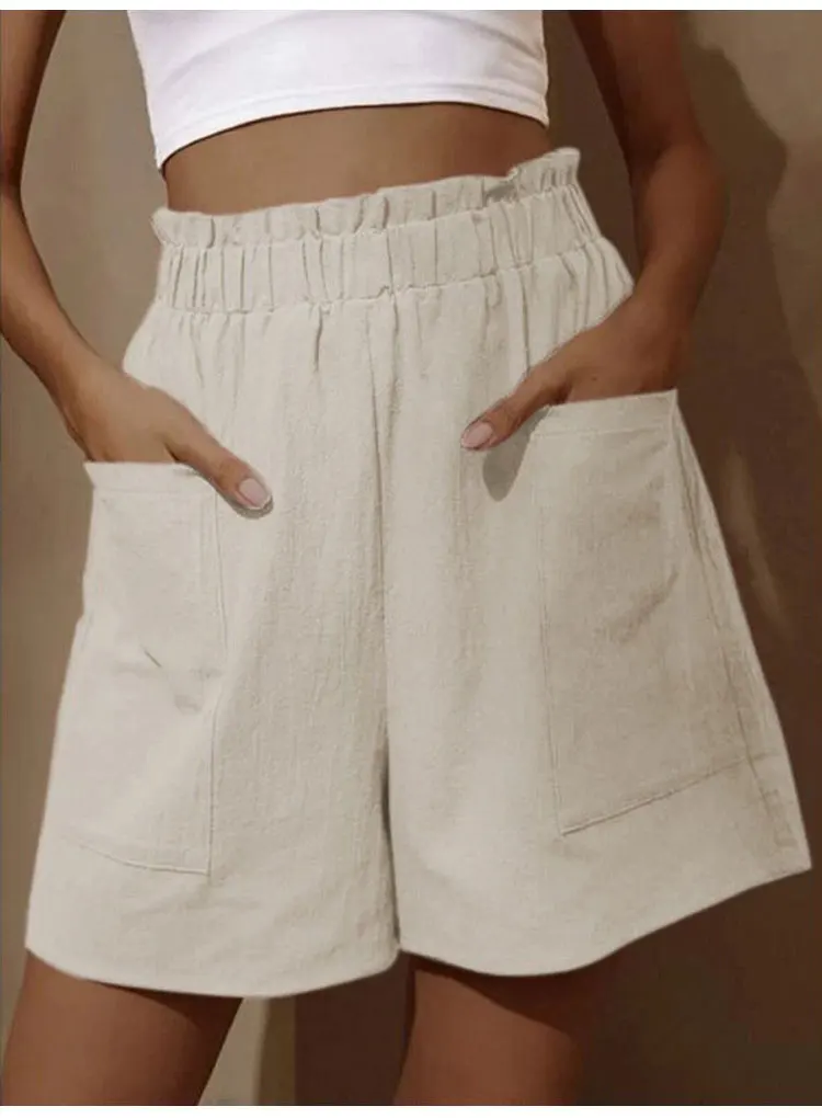 Summer New Loose Large Size Casual Shorts Women's Solid High Waist Casual Pants Two Pockets Wide Leg Pants Female Shorts Sport