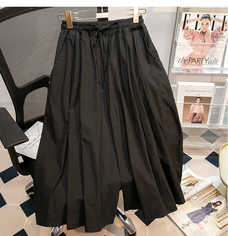 Black Leisure Comfortable Shorts For Women Summer New Green Elastic High Waist Lace Up Loose Blue Wide Leg Seven Point Pants New