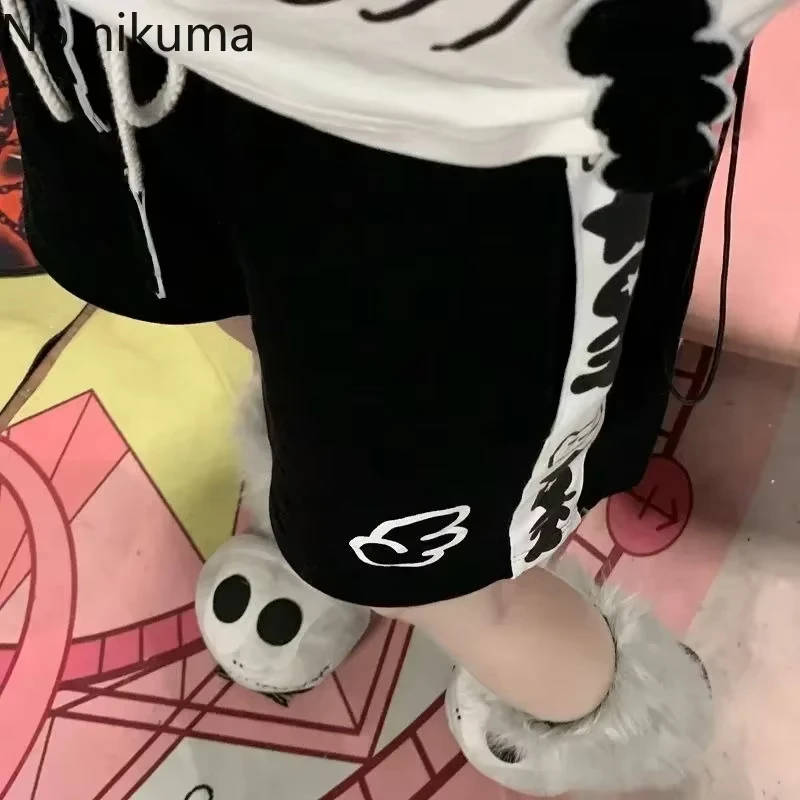 HOUZHOU Kawaii Sweet Lace Up Women Shorts Cute Cartoon Print Japanese Style Wide Leg Short Pants Baggy Casual Youthful Summer