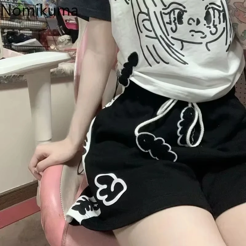 HOUZHOU Kawaii Sweet Lace Up Women Shorts Cute Cartoon Print Japanese Style Wide Leg Short Pants Baggy Casual Youthful Summer