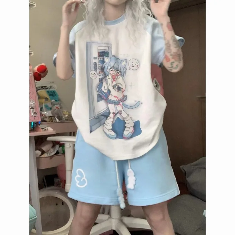 HOUZHOU Kawaii Sweet Lace Up Women Shorts Cute Cartoon Print Japanese Style Wide Leg Short Pants Baggy Casual Youthful Summer